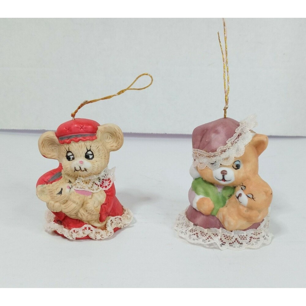 Vintage Jasco Caring Critters Chimer Christmas Porcelain Ornament 2Pc